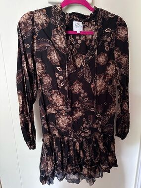 Misa Los Angeles Black Floral Long-Sleeve Mini Dress Sz Small